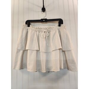 Stoney Clover Cream Linen Blend Tiered Ruffle Mini Skirt Elastic Waist Womens L